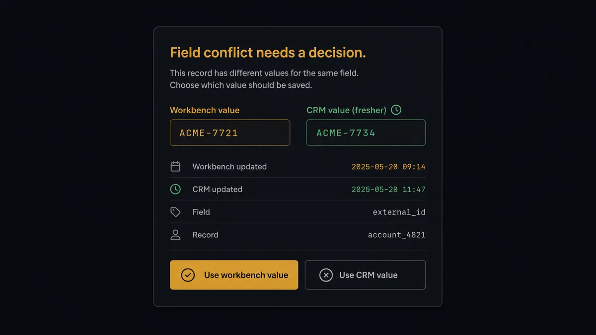 A dark Slack-style approval card on a #0C0E12 background titled "Field conflict needs a decision
