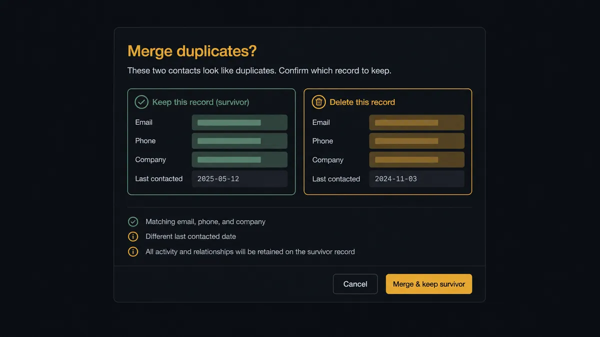 A dark Slack-style approval card on a #0C0E12 background titled "Merge duplicates?" Two abstract contact cards sit side by side with matching field bars highlighted, the proposed survivor outlined in sage green and the record slated for deletion outlined in amber, above two decision buttons