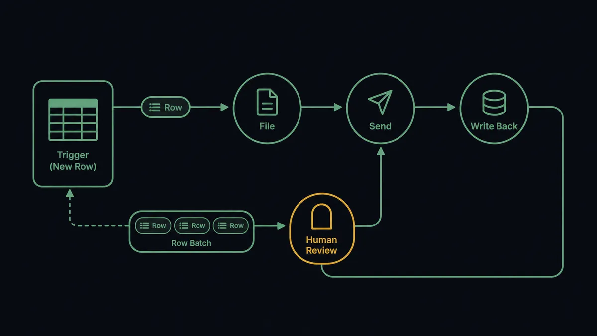 A dark horizontal flow diagram on a #0C0E12 field showing a table-grid trigger node releasing a row chip through sage-green nodes labeled File, Send, and Write Back, forming a loop that returns to the table node