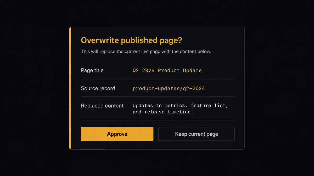 A dark approval card on a #0C0E12 field, styled like a chat message with an amber left border