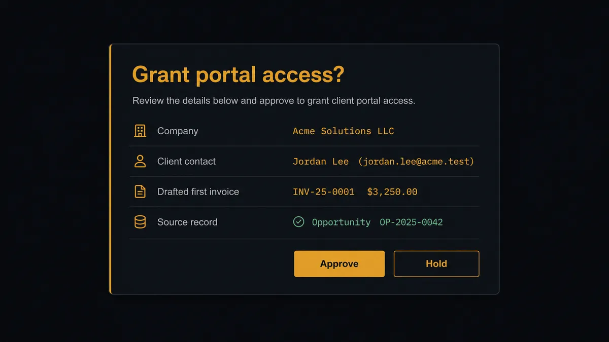 A dark approval card on a #0C0E12 field, styled like a chat message with an amber left border