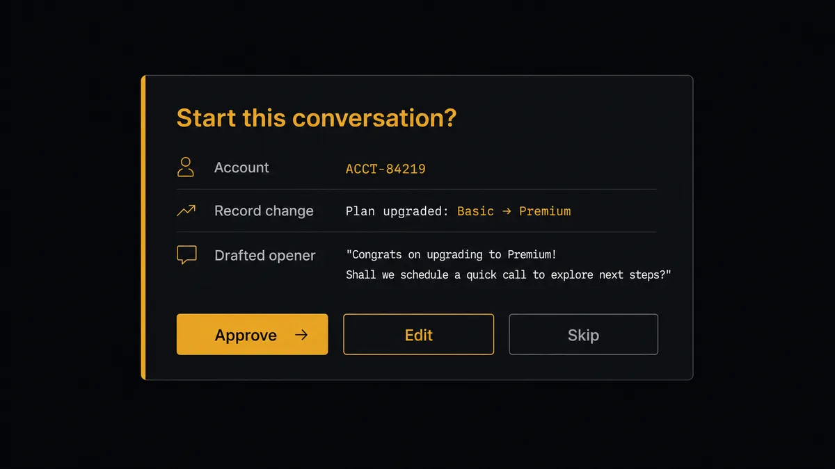 A dark approval card on a #0C0E12 field, styled like a chat message with an amber left border