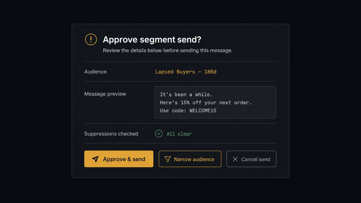 A dark approval card on a #0C0E12 field styled like a team chat message reviewing a segment send, showing rows for audience name, a rendered message preview block, and a suppressions-checked badge, with approve, narrow, and cancel buttons where the approve button is rendered in amber to mark the human decision point