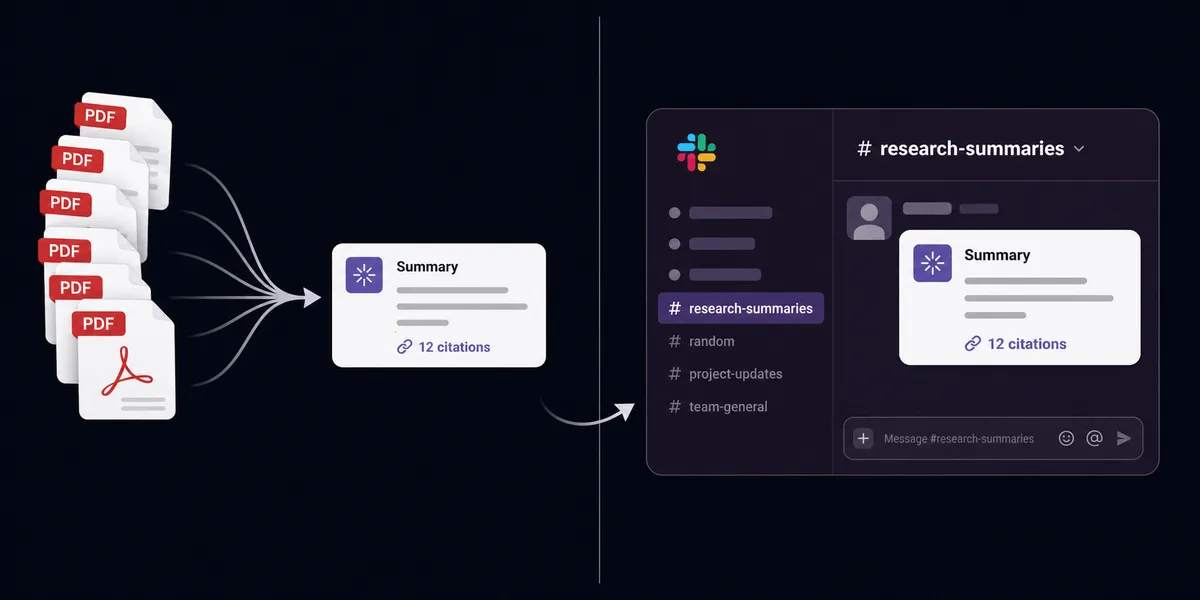 A split composition on dark background: left half shows a stack of PDF page icons collapsing into a single small citation-linked summary card; right half shows the same summary card landing inside a Slack channel icon
