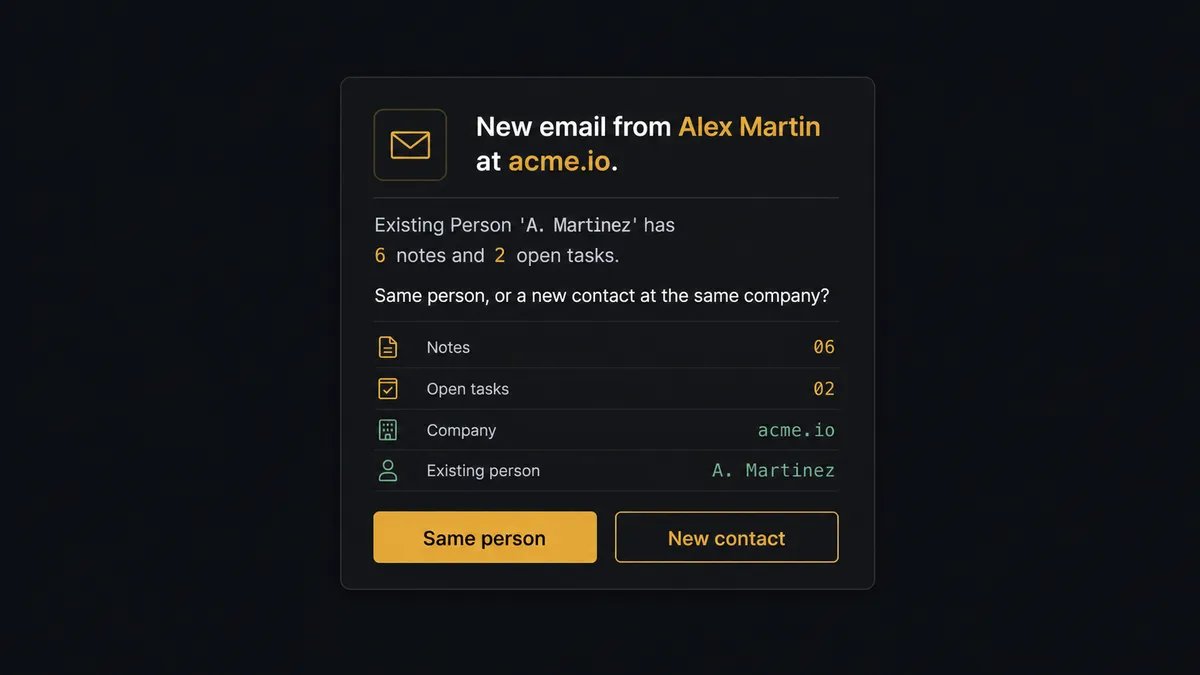 A Slack-style approval card on a dark background reading "New email from Alex Martin at acme