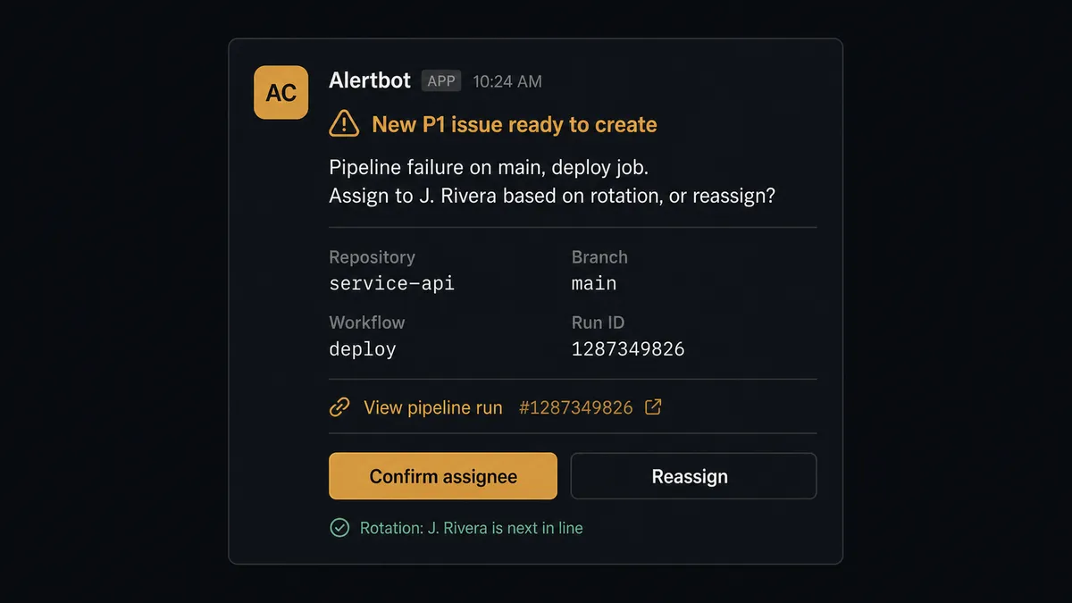 A dark Slack-style message card shows an agent avatar posting "New P1 issue ready to create: pipeline failure on main, deploy job