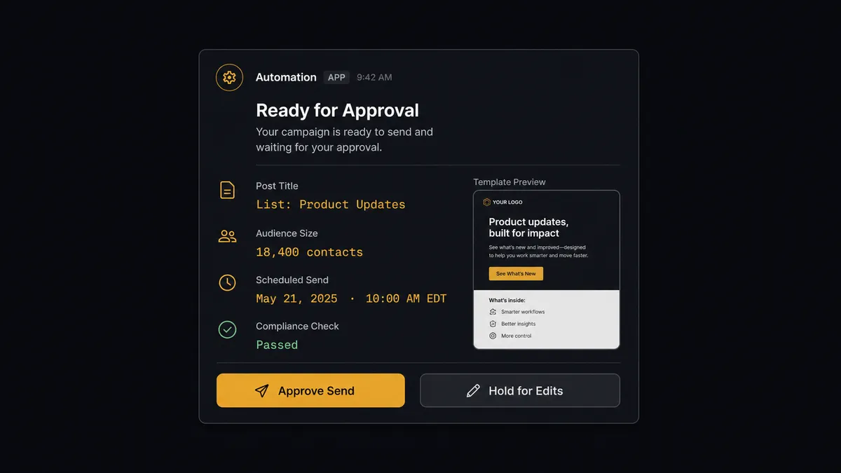 A dark Slack-style approval card on a #0C0E12 background showing an automated notification: the post title, "List: Product Updates, 18,400 contacts," a template preview thumbnail, and two buttons labeled "Approve Send" and "Hold for Edits