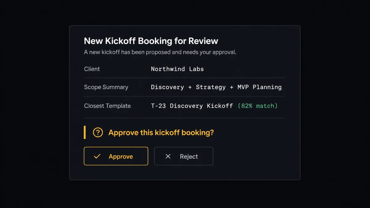 A dark Slack-style approval card on a #0C0E12 field titled with a new kickoff booking for review