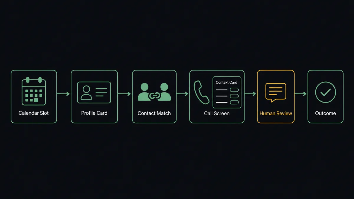 A dark horizontal flow diagram on a #0C0E12 field: a calendar-slot node emitting a profile card, an arrow through a contact-matching node with paired silhouettes, into a call-screen node where a context card with form-answer lines docks beside a handset outline