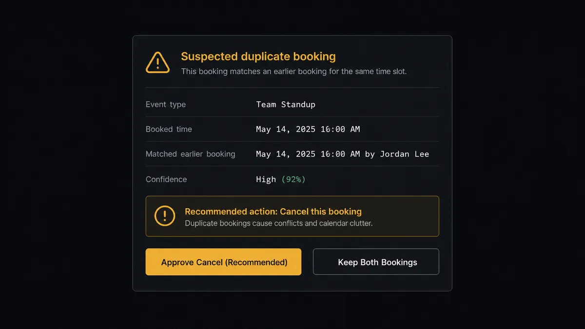 A dark Slack-style approval card on a #0C0E12 field titled as a suspected duplicate booking