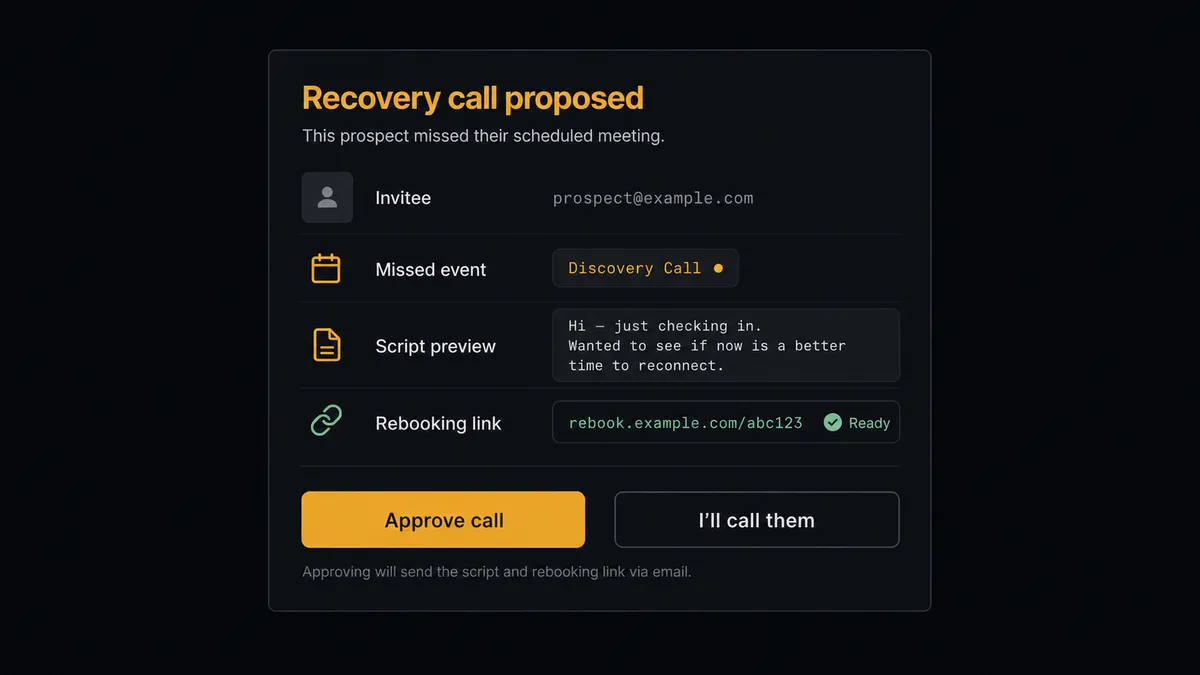 A dark Slack-style approval card on a #0C0E12 field titled "Recovery call proposed"