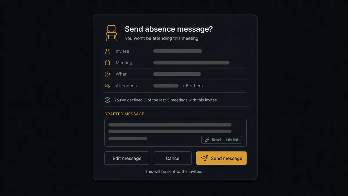 A dark approval-card mockup on a #0C0E12 field: a compact card with an empty-chair glyph, abstract placeholder rows for invitee and meeting, a short history line, a drafted-message block of placeholder bars ending in a link chip, and three buttons with the send button rendered in amber