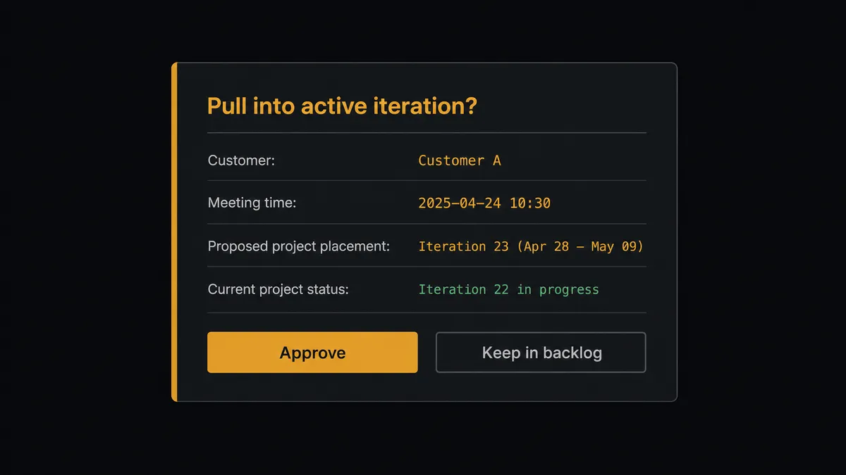 A dark approval card on a #0C0E12 field, styled like a chat message with an amber left border