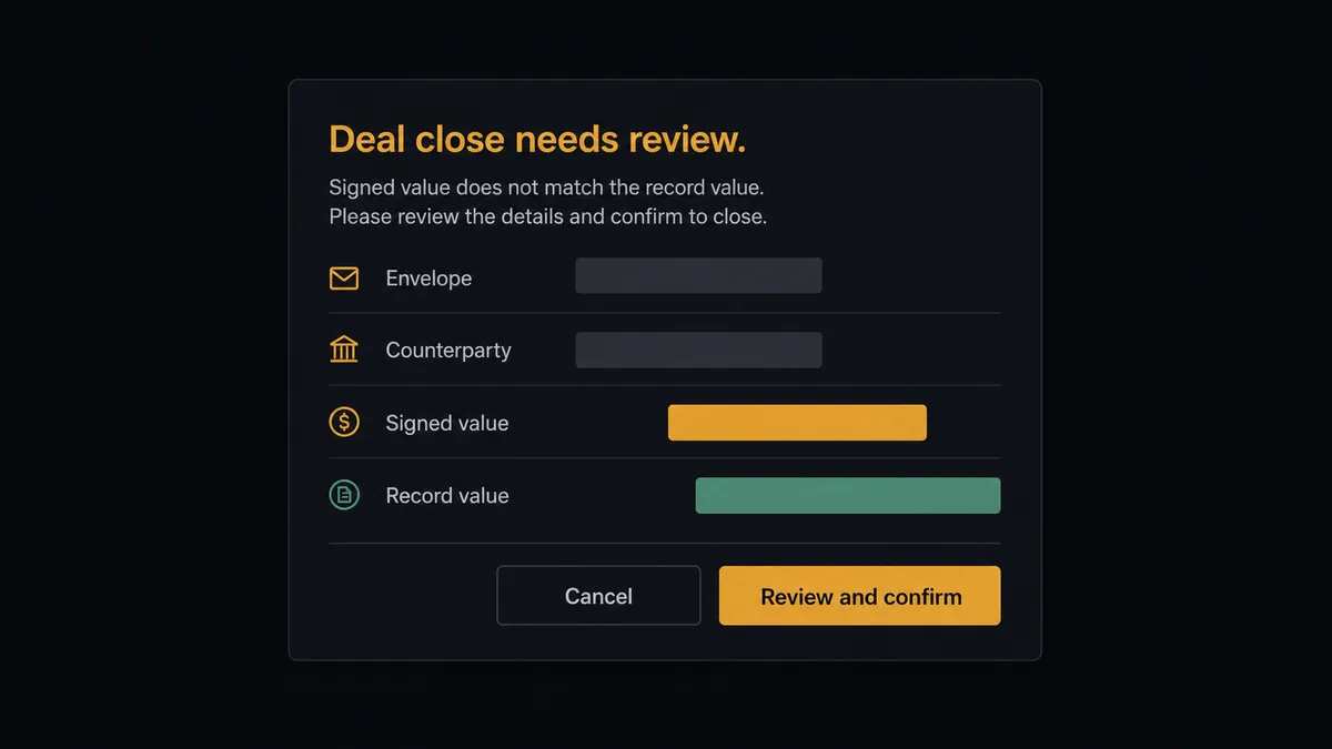 A dark Slack-style approval card on a #0C0E12 background titled "Deal close needs review