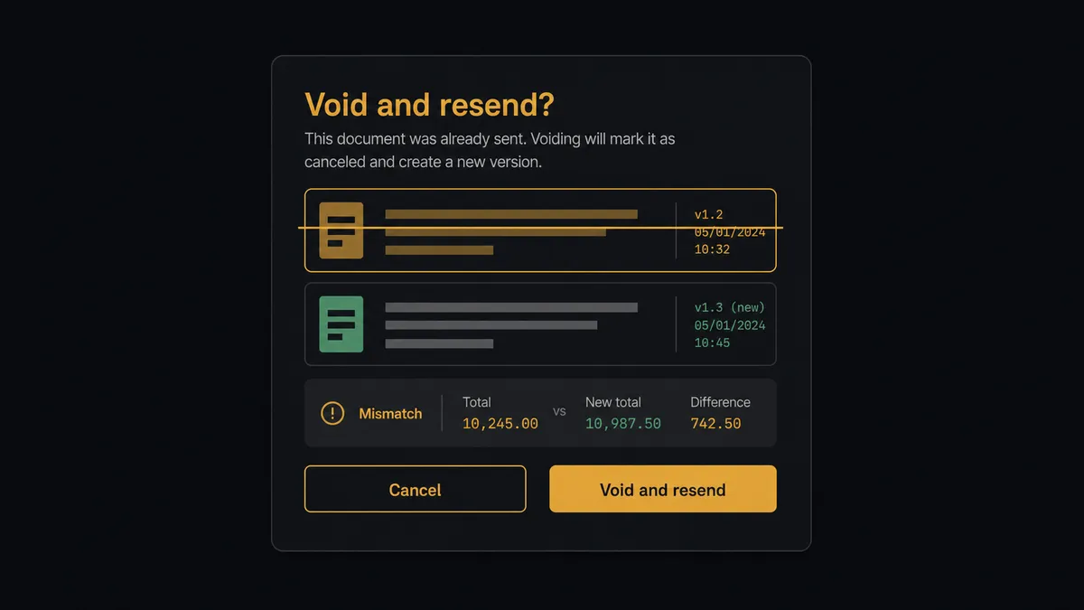 A dark Slack-style approval card on a #0C0E12 background titled "Void and resend?" Two abstract document bars sit stacked, the outdated one struck through and outlined in amber, above a short mismatch strip and two decision buttons