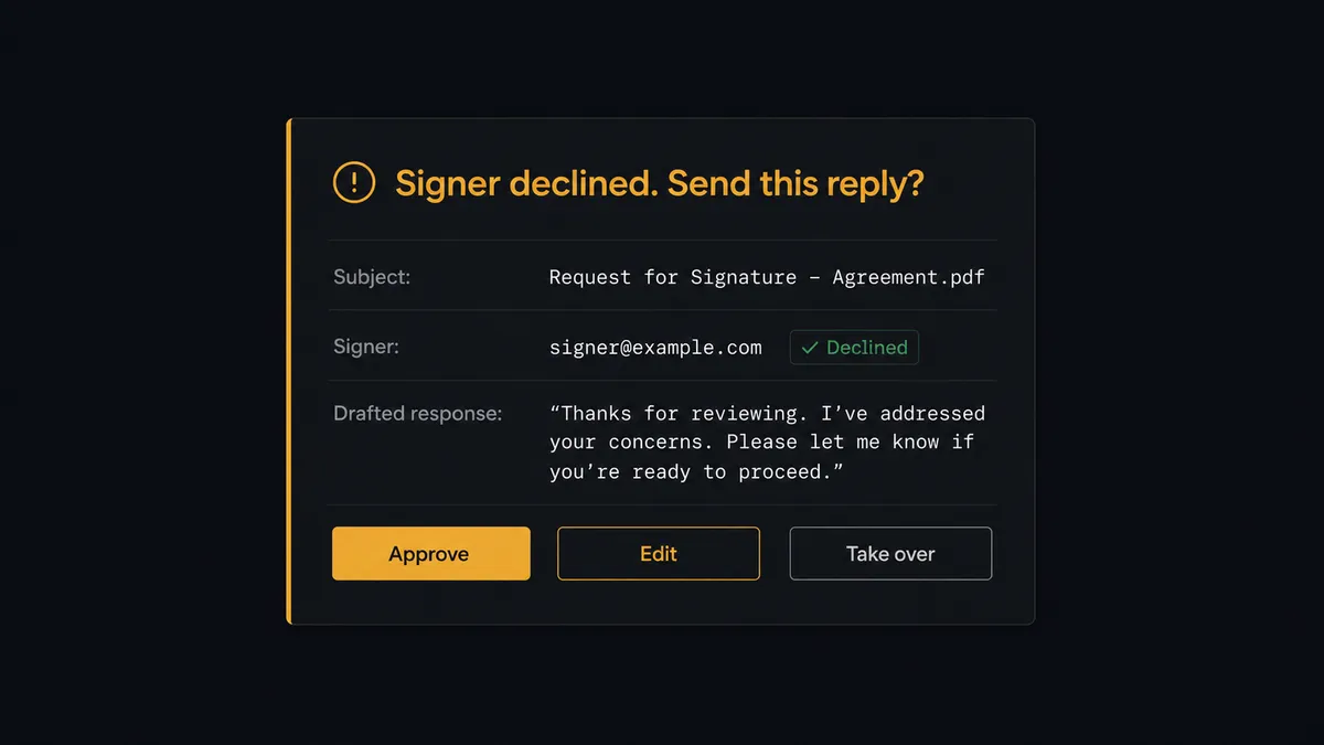 A dark approval card on a #0C0E12 field, styled like a chat message with an amber left border