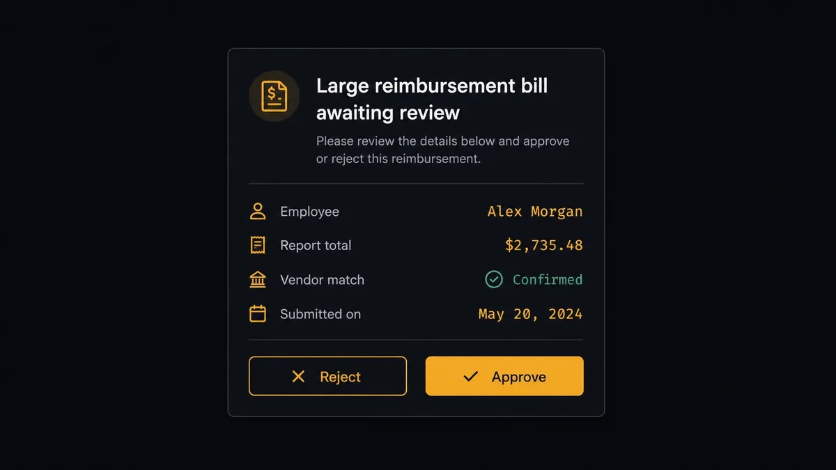 A dark Slack-style approval card on a #0C0E12 field titled as a large reimbursement bill awaiting review, with the employee name, report total, vendor match, and two buttons