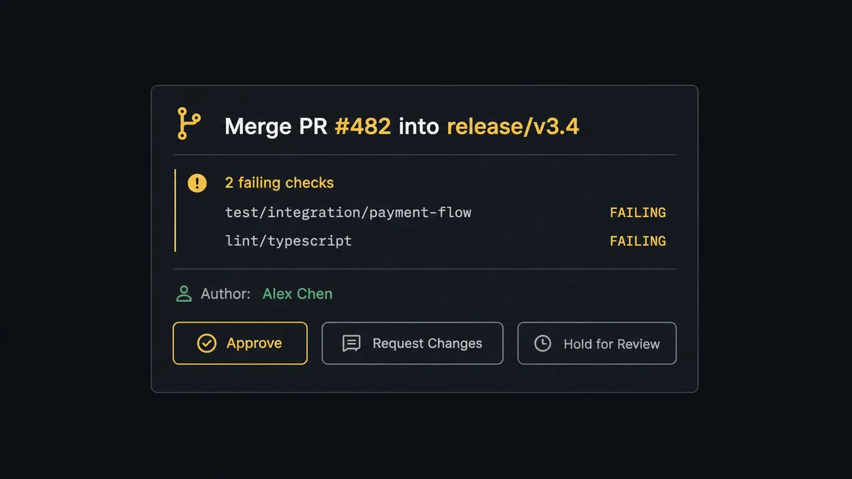 A dark Slack-style message card showing "Merge PR #482 into release/v3