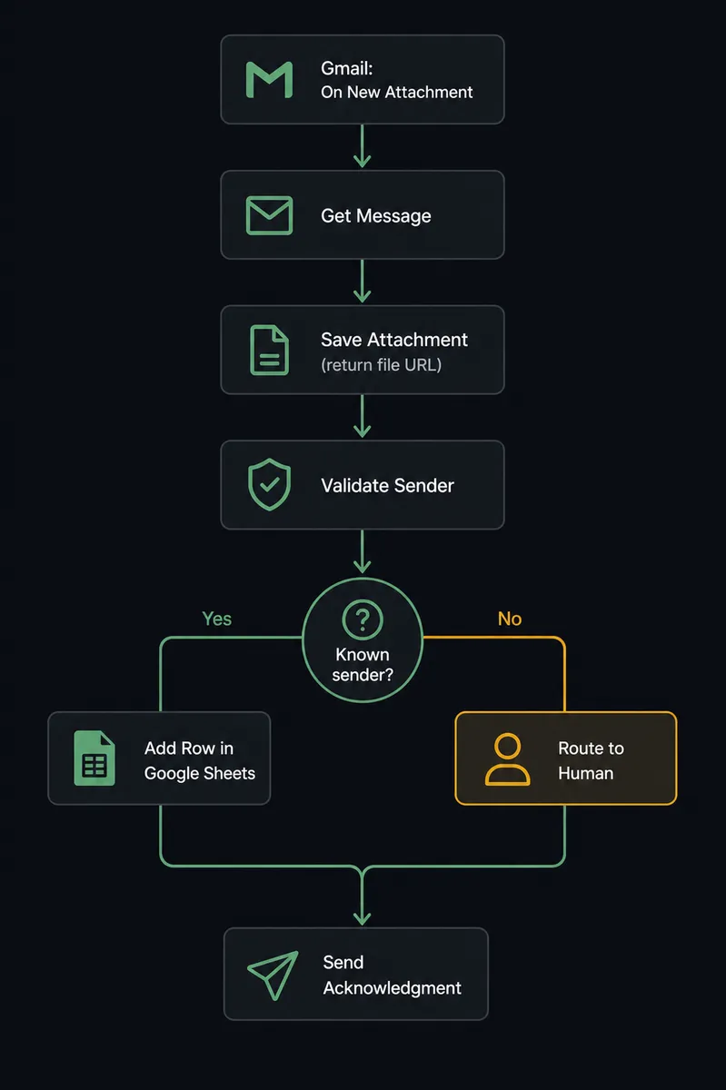 A dark workflow diagram showing seven labeled steps in a vertical pipeline: "Gmail: On New Attachment" at the top, then "Get Message", "Save Attachment" (returning a file URL), "Validate Sender", a branching step labeled "Known sender?" routing left to "Add Row in Google Sheets" and right to "Route to Human", and a final "Send Acknowledgment" step at the bottom