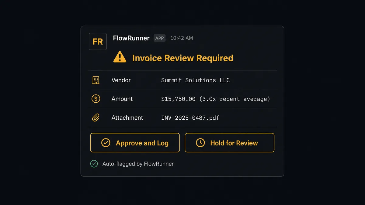 A dark Slack message card from FlowRunner showing an invoice exception alert