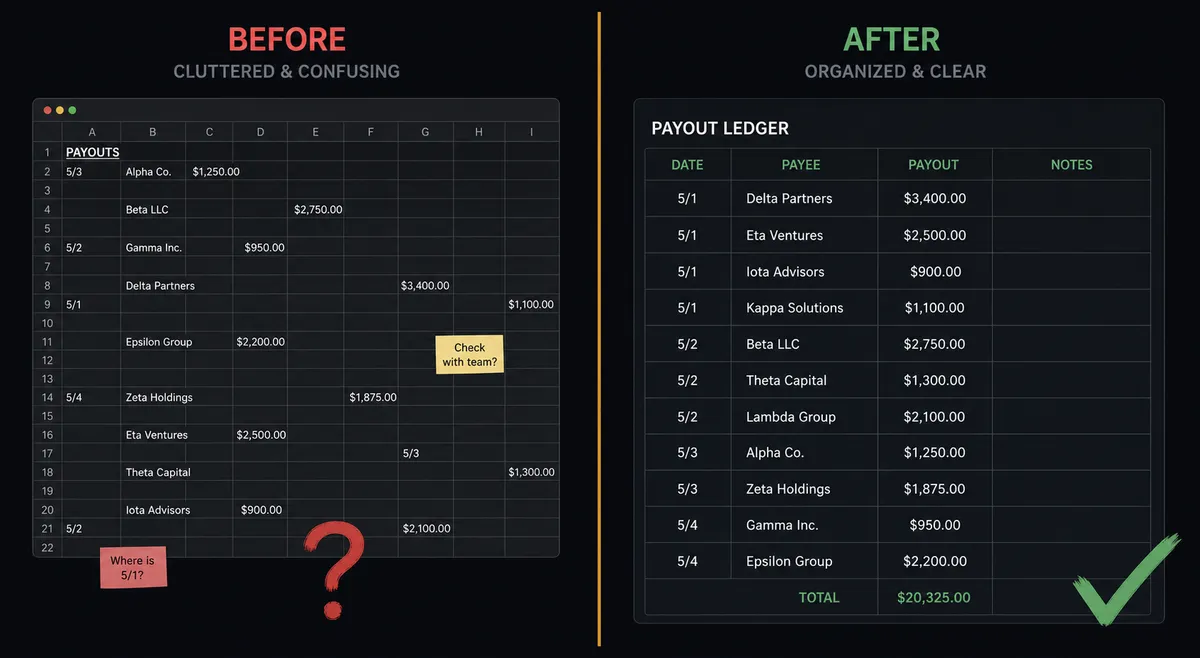 A dark before/after split panel on a #0C0E12 background