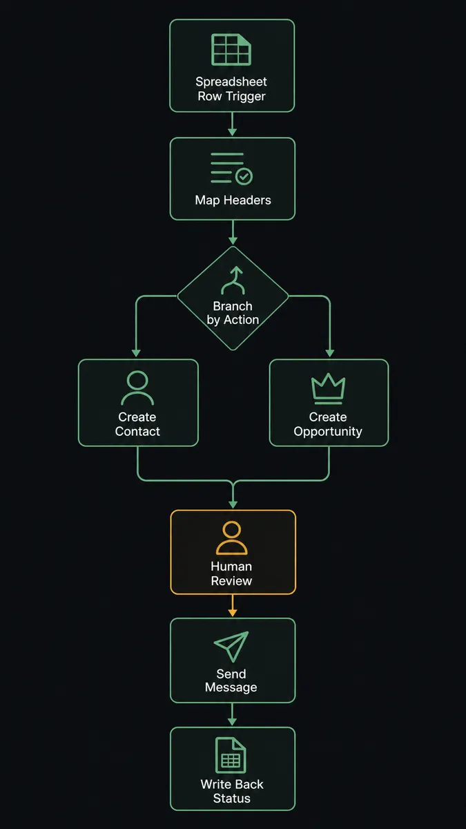 A vertical pipeline diagram showing a spreadsheet row icon at the top flowing down through a header-mapping stage, a branch point, a contact and opportunity creation block, a message-send block, and a final status write-back block at the bottom