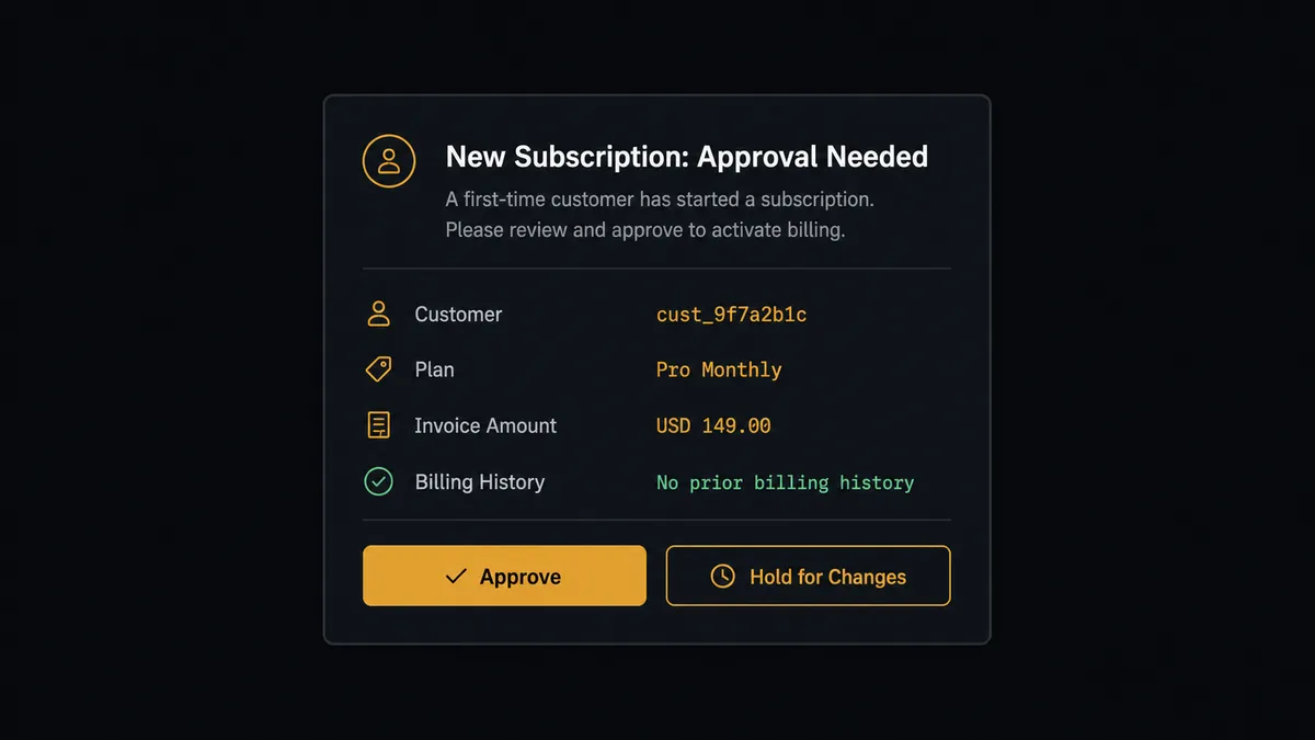 A dark Slack-style approval message showing a subscription card for a first-time customer, the invoice amount, a note that there is no prior billing history, and two buttons reading Approve and Hold for Changes
