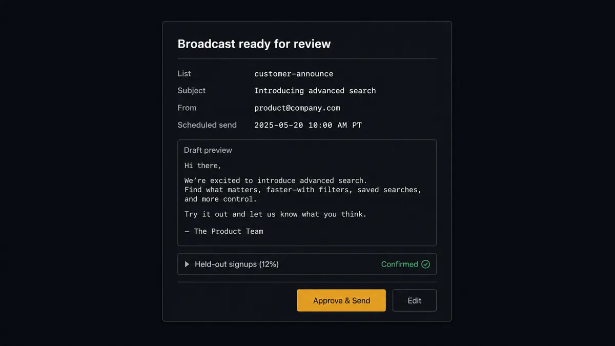 A dark Slack-style approval card on a #0C0E12 field titled "Broadcast ready for review" with rows for list and subject line, a bordered draft preview, a small collapsed row labeled held-out signups, and approve and edit buttons where approve is the single amber element