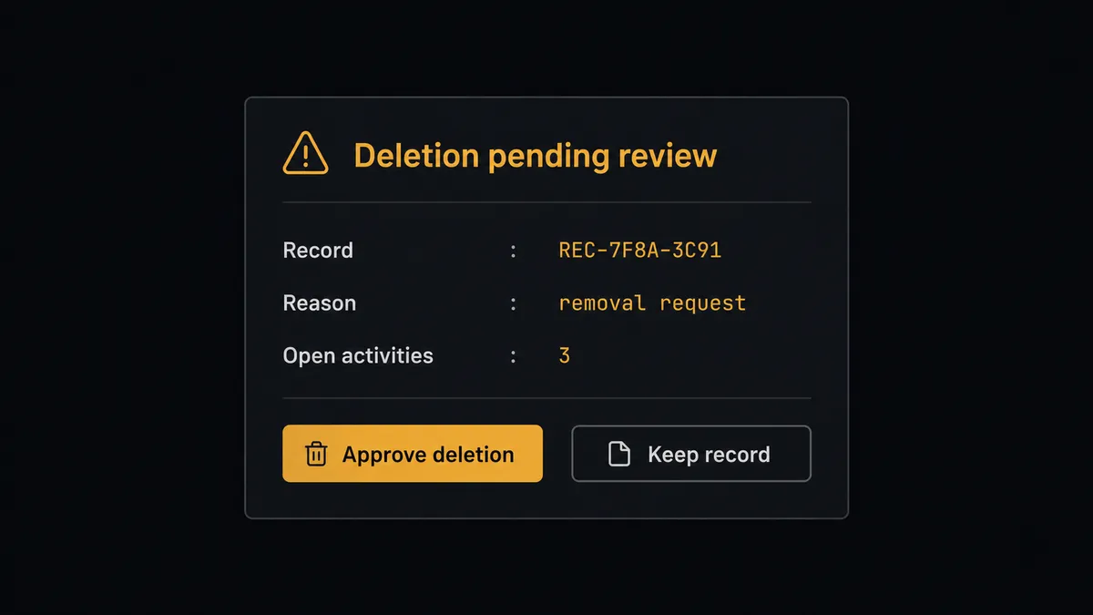 A dark Slack-style approval card on a #0C0E12 field titled "Deletion pending review"