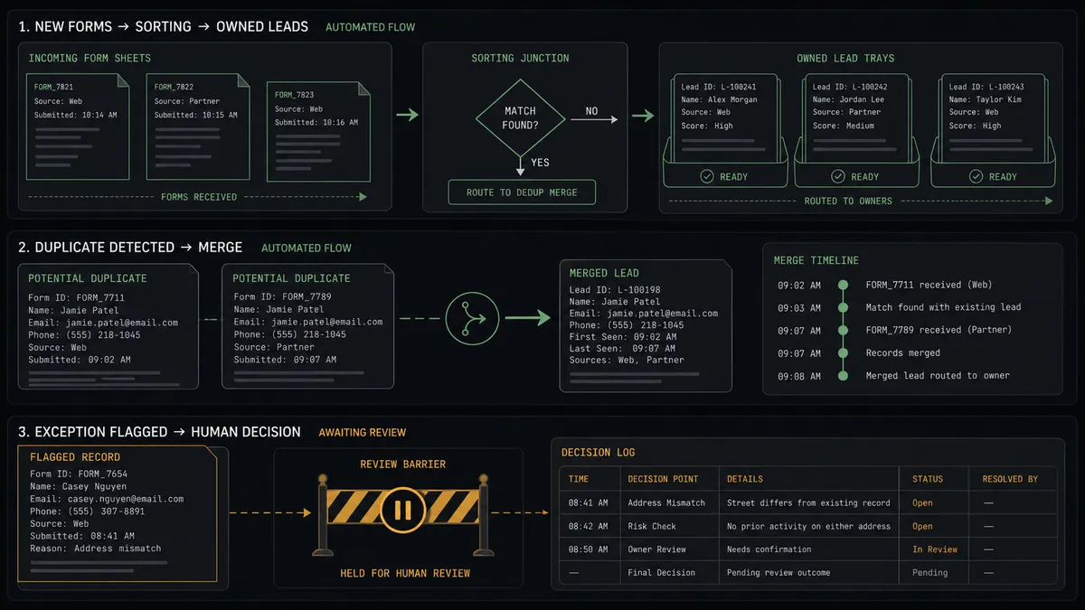 A dark summary panel on a #0C0E12 field split into three stacked rows: form sheets flowing through a sorting junction into owned lead trays, a duplicate pair merging into one card with a timeline note, and a bottom row showing a single flagged record held at an amber barrier with a decision log beside it