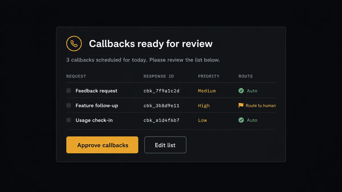 A dark Slack-style approval card on a #0C0E12 field titled "Callbacks ready for review"