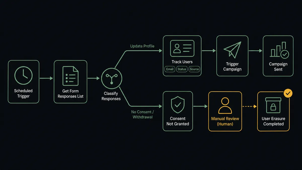 A dark seven-node flow diagram on a #0C0E12 field, reading left to right: a clock icon for the schedule, a form sheet labeled Get Form Responses List, a classifier junction fanning into sage-green paths labeled profile update and consent, a profile card node labeled Track Users with attribute chips, a paper-plane node labeled Trigger Campaign, and a separate lower path ending at an erasure slot sealed by an amber marker