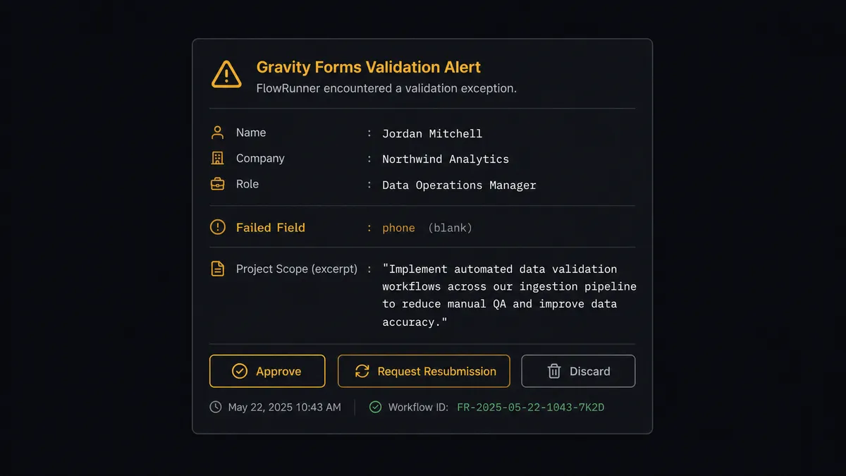 Dark Slack message card showing a FlowRunner exception alert