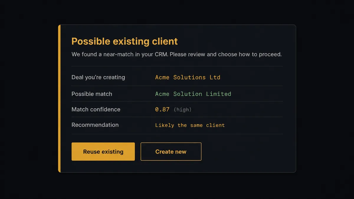 A dark Slack-style approval card on a #0C0E12 field titled "Possible existing client" with rows comparing a deal name against a near-match company record and a recommendation line, an amber left border marking the human decision, and two rectangular reply buttons labeled Reuse existing and Create new