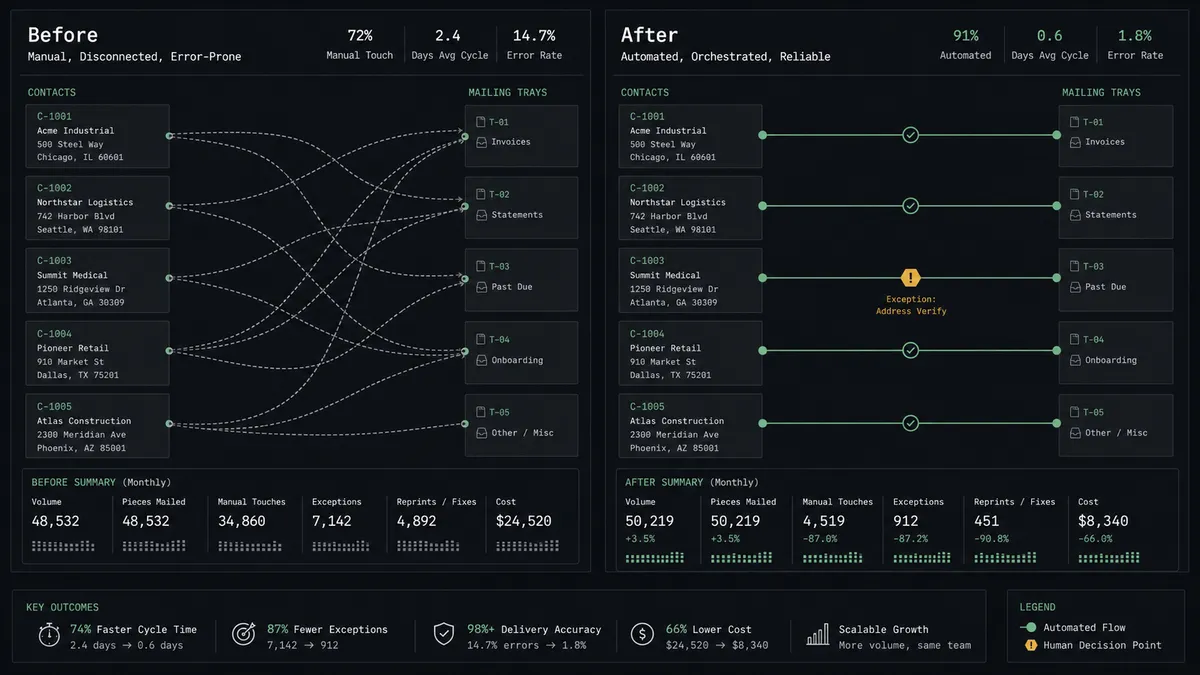 A dark two-column summary panel on a #0C0E12 field labeled Before and After, showing tangled crossing lines between contact cards and mailing trays on the left resolving into clean parallel sage-green rails on the right, with one amber checkpoint on the outbound rail
