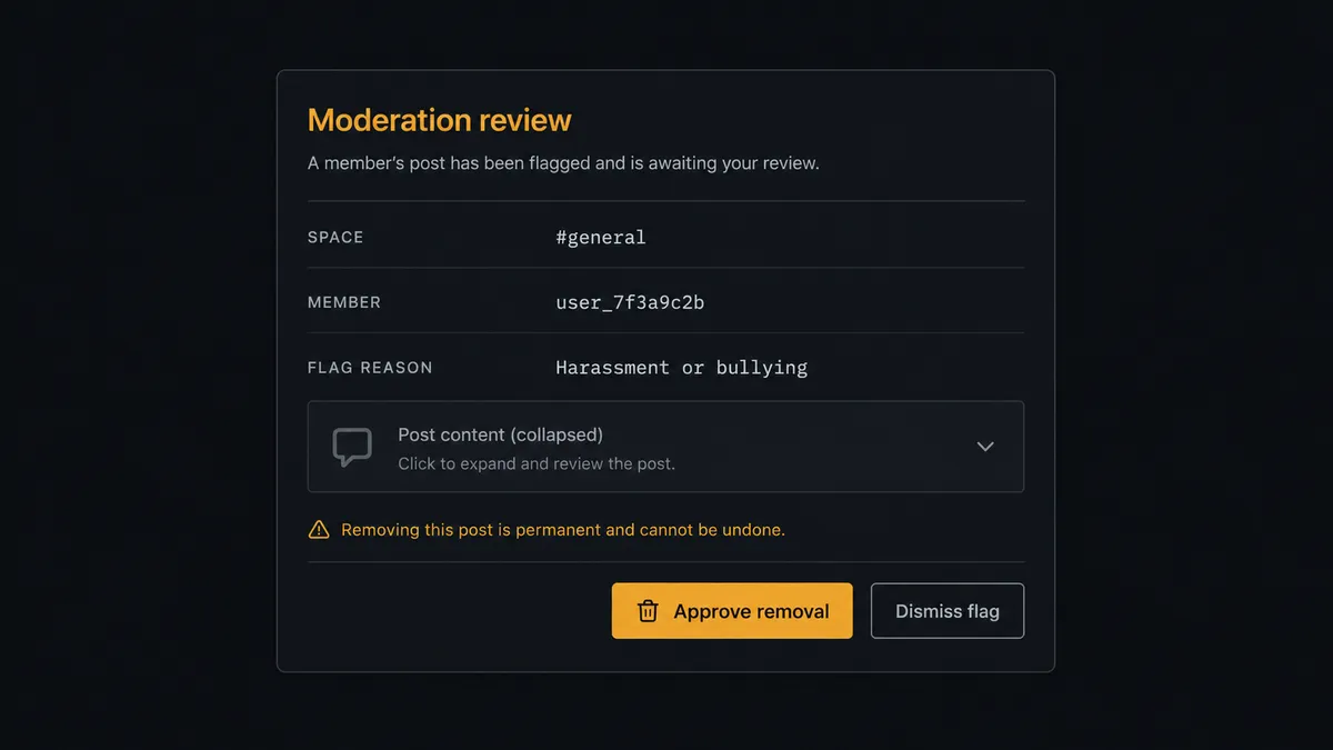 A dark #0C0E12 approval card titled "Moderation review" with rows for space, member, and flag reason, above a collapsed post-content preview block, and a small note line reading that deletion is permanent