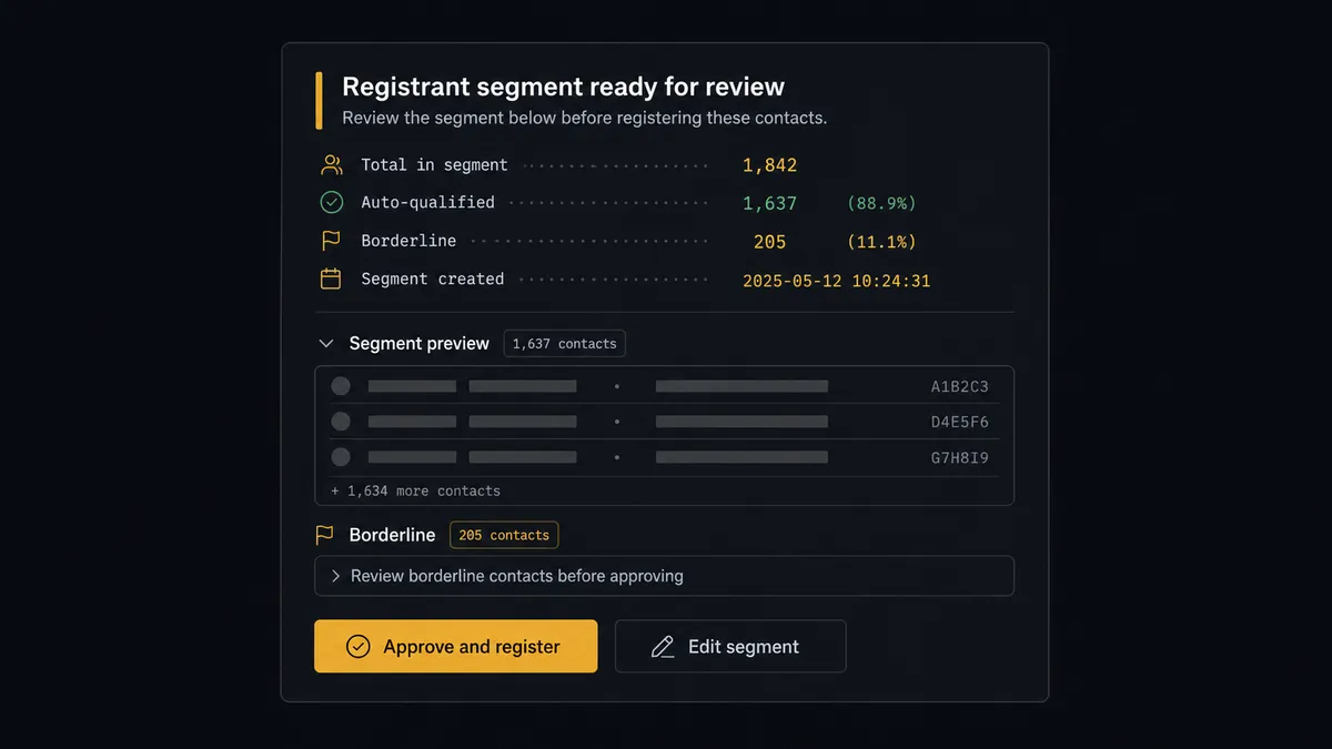 A dark Slack-style approval card on a #0C0E12 field titled "Registrant segment ready for review"