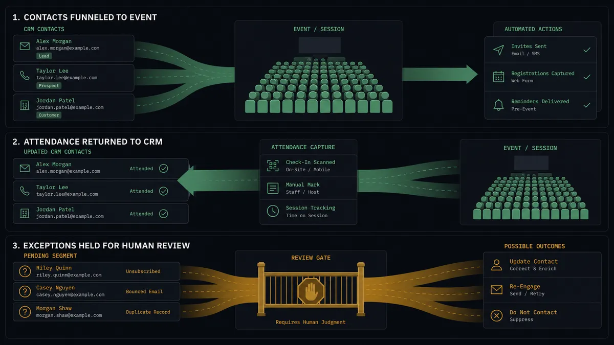 A dark summary panel on a #0C0E12 field split into three stacked rows: contact cards funneling into a seated audience shape, a return band flowing from the audience back into CRM cards with attendance check marks, and a bottom row showing one pending segment held at an amber gate
