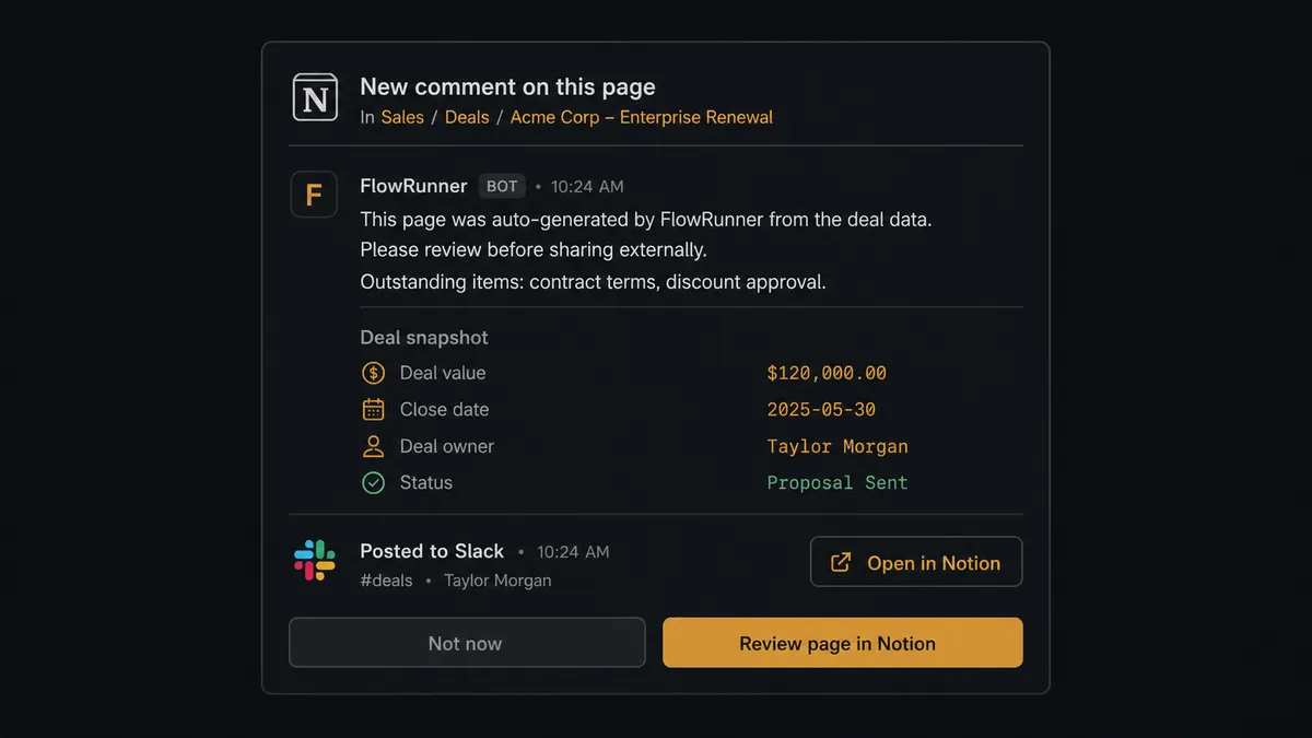 A dark Notion page interface shows a comment thread attached to a deal page