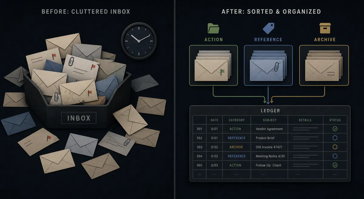 A split-panel dark illustration: left panel shows a cluttered inbox icon with scattered envelope shapes and a clock icon; right panel shows the same envelopes sorted into three clean labeled columns feeding into an orderly ledger grid