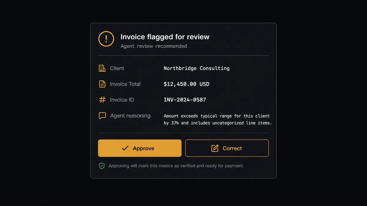 A dark Slack-style approval card shown on screen, displaying a client name, an invoice total, and a short line of agent reasoning explaining why the invoice was flagged, with two buttons labeled Approve and Correct beneath it