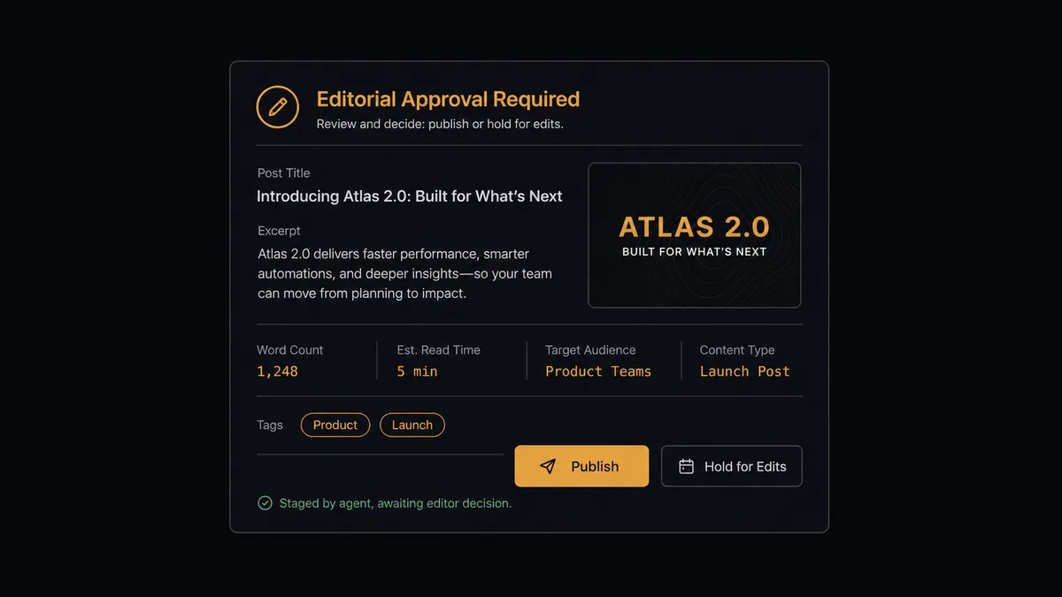 A dark notification card styled like an editorial approval message shows a post title, a two-line excerpt, tag pills reading "Product" and "Launch," a thumbnail preview, and two buttons labeled "Publish" and "Hold for Edits," with a caption line reading "Staged by agent, awaiting editor decision