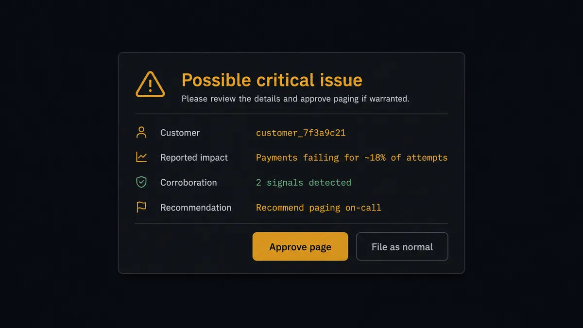A dark Slack-style approval card on a #0C0E12 field, titled "Possible critical issue