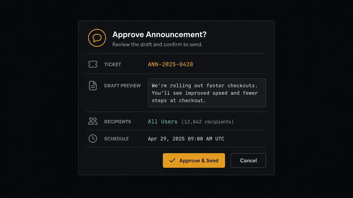 A dark Slack-style approval card on a #0C0E12 field titled with an announcement-approval heading, showing a ticket reference row, a short draft-preview block, a recipient-scope row, and two buttons, the approve button rendered in amber to mark the human decision point
