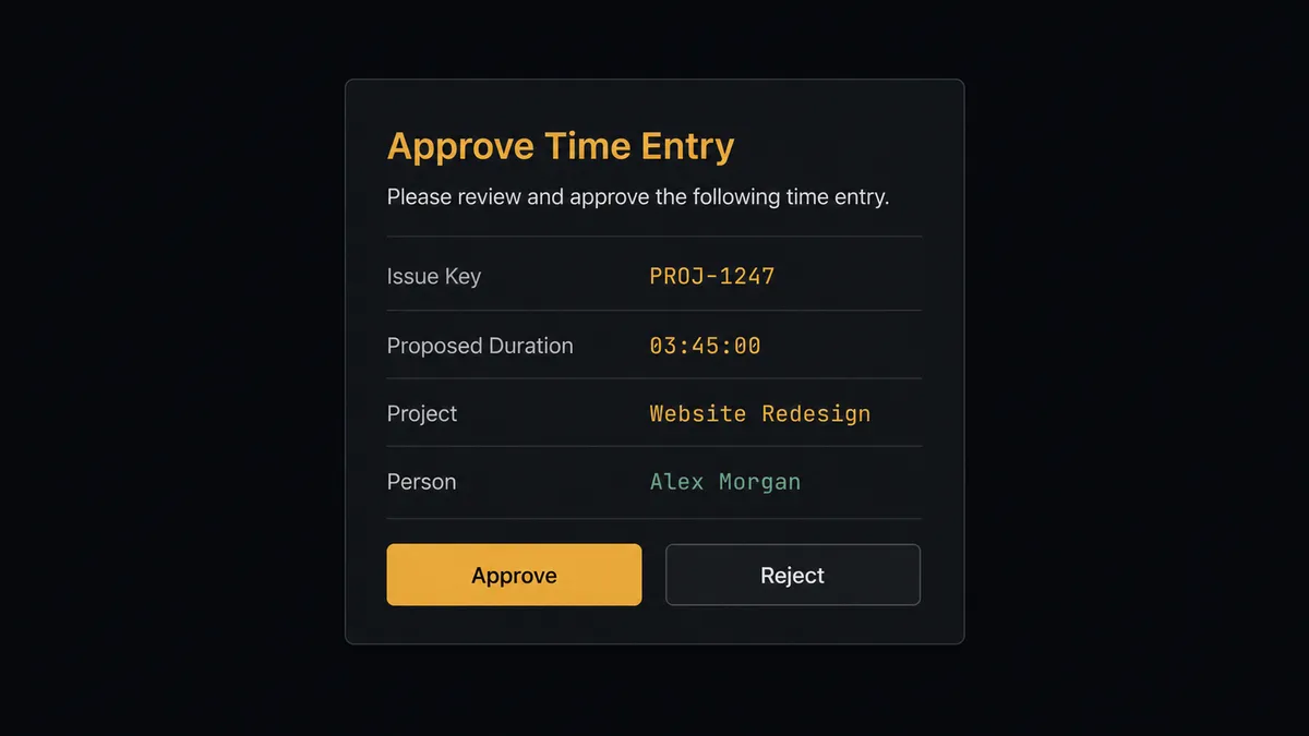 A dark Slack-style approval card on a #0C0E12 field titled with a time-entry approval heading, showing an issue-key row, a proposed-duration row, a project row, a person row, and approve and reject buttons, the approve button rendered in amber as the human decision point