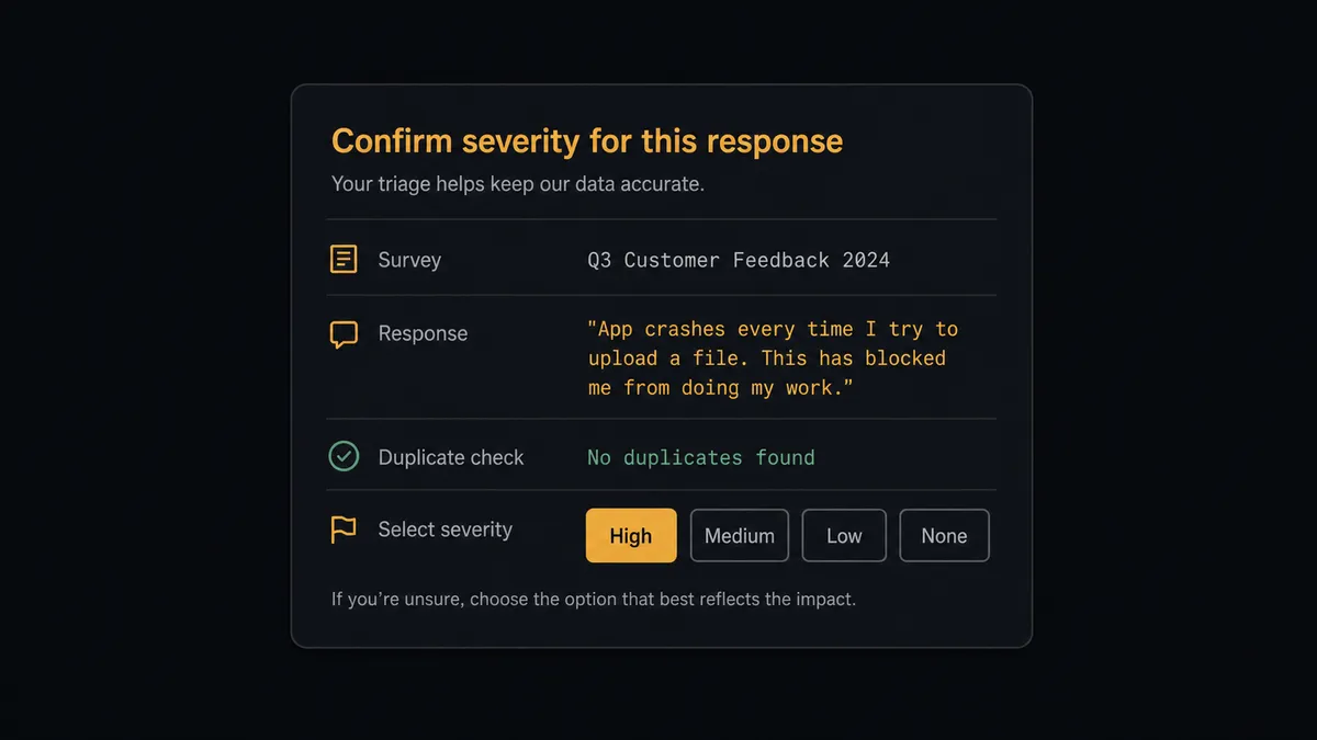 A dark Slack-style triage card on a #0C0E12 field titled with a severity-confirmation heading, showing a survey-name row, a quoted response-text block, a no-duplicate-found indicator row, and severity-choice buttons, one button rendered in amber as the human decision point