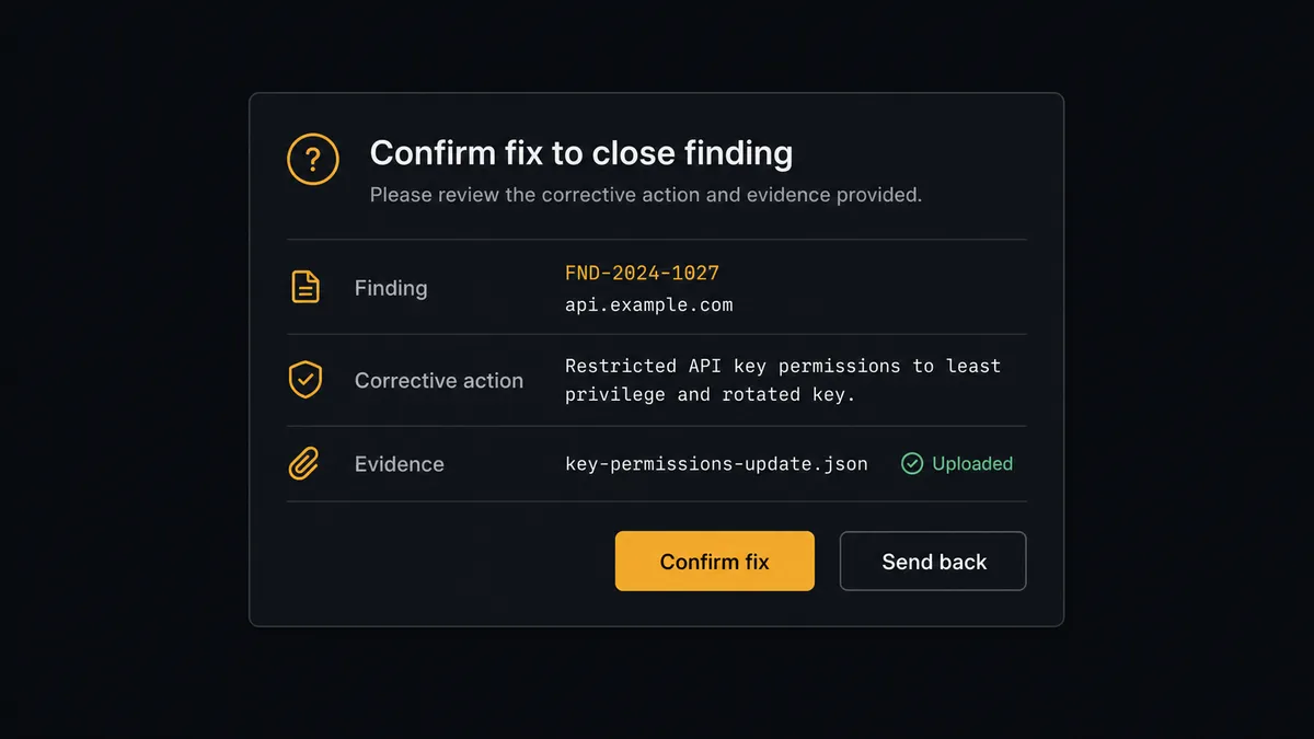 A dark Slack-style approval card on a #0C0E12 field titled "Confirm fix to close finding"