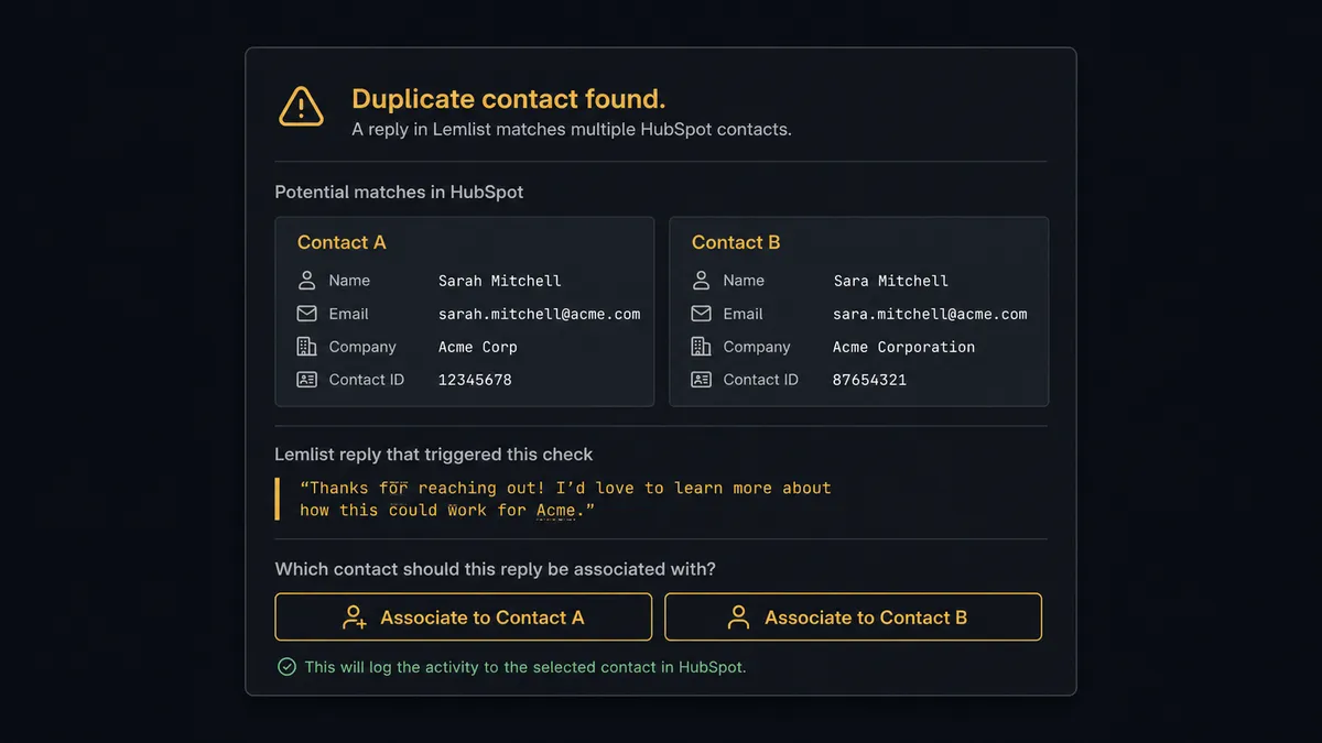 A dark Slack-style approval card titled "Duplicate contact found