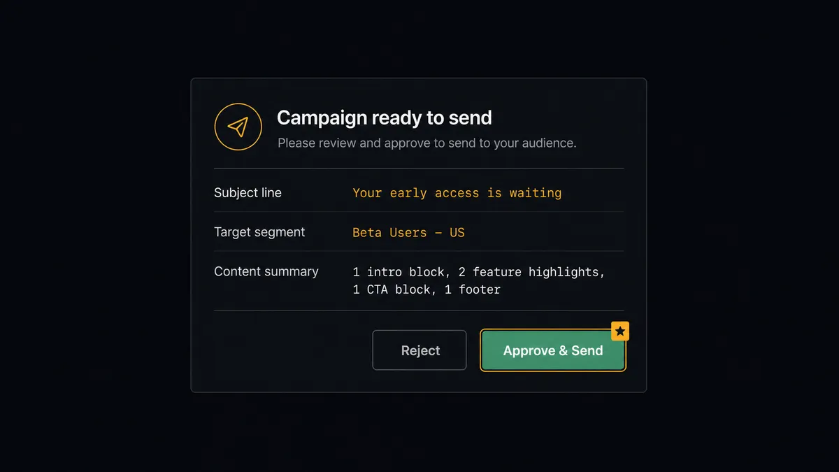 A dark Slack-style approval card on a #0C0E12 field titled "Campaign ready to send" with rows for subject line, target segment, and content summary, and two buttons, one sage-green approve and one neutral reject