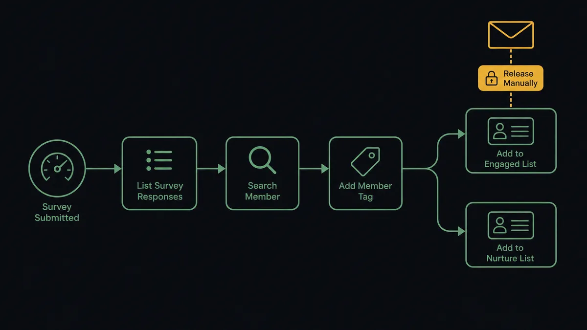 A dark horizontal flow on a #0C0E12 field: a survey-dial node feeding sage-green nodes labeled List Survey Responses, Search Member, and Add Member Tag, splitting subscriber cards into two labeled trays